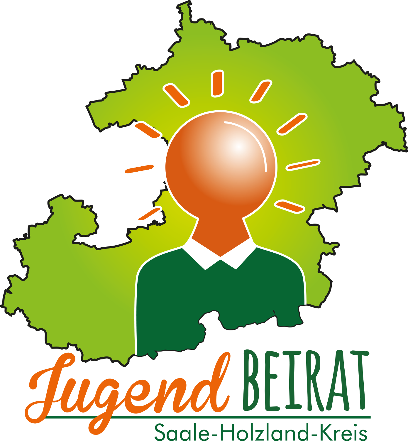 Das Bild zeigt das Logo des Jugendbeitrats des Saale-Holzland-Kreises: Im Hintergrund der Umriss des Landkreises, davor die Umrisse einer Person, deren Kopf gleichzeitig eine leuchtenden Glühbirne darstellt.